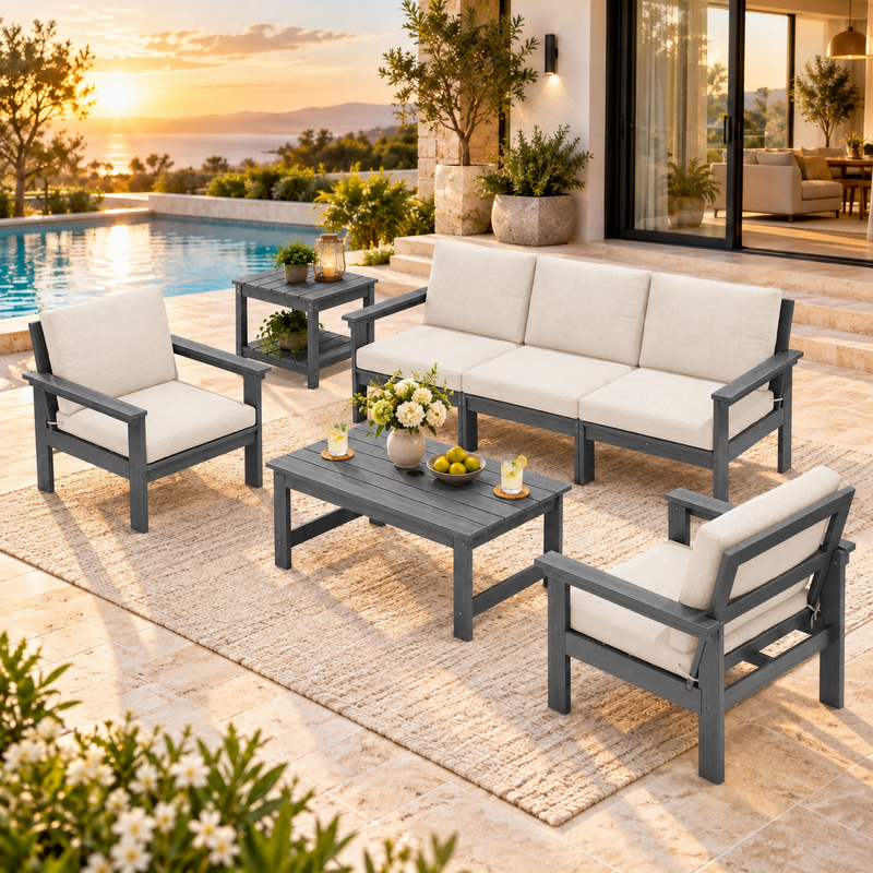 LIKEPAY 3-Seat Sofa + Coffee Table+2 Armchairs + Side Table - Gray/Khaki