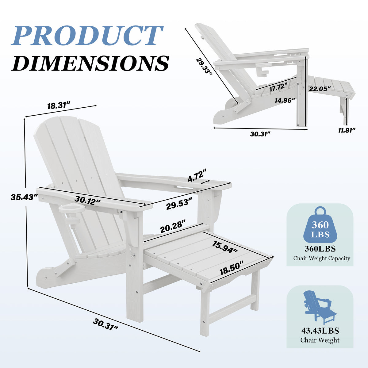 Adjustable Folding Adirondack Chairs Set of 2 with Retractable Footrests
