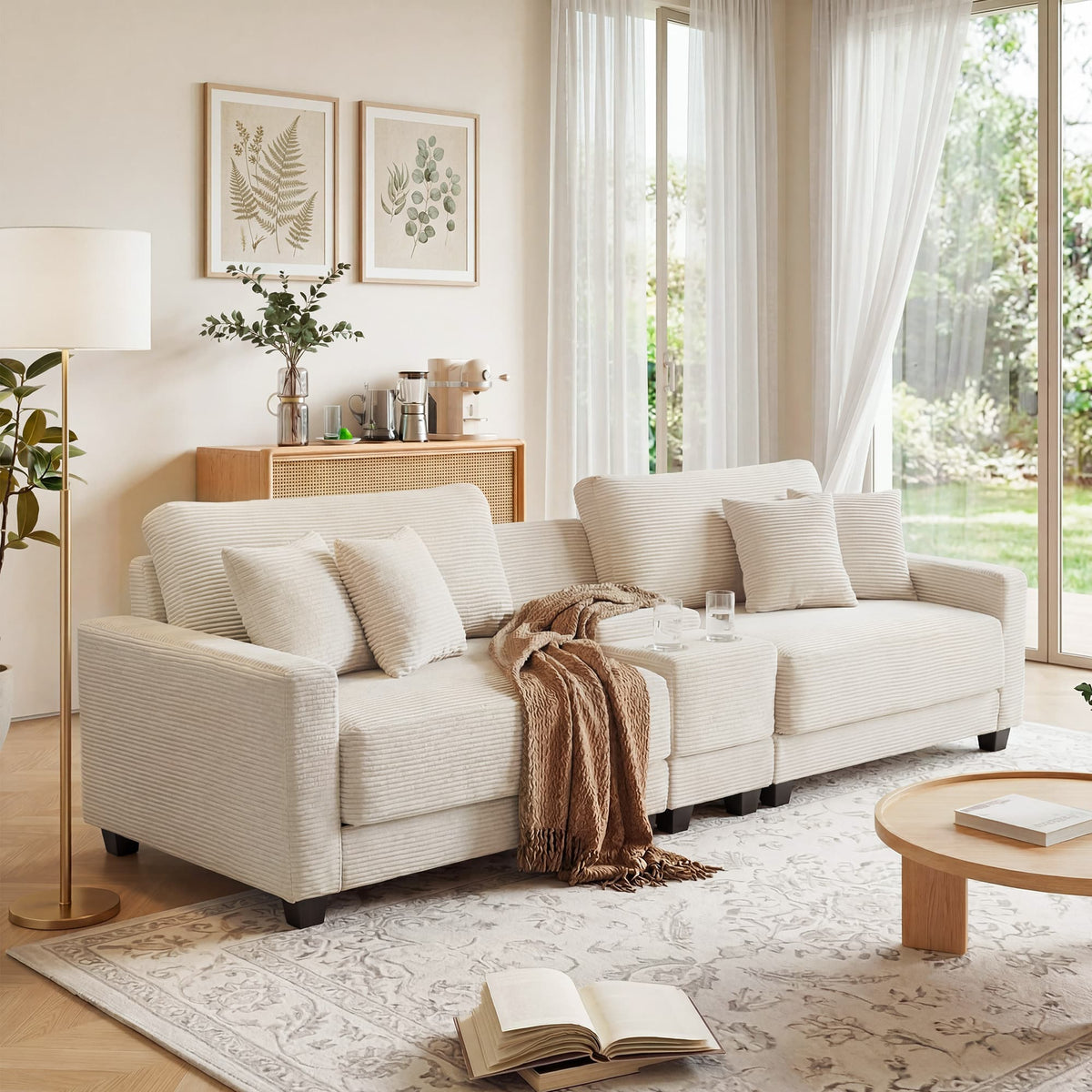 111.8" Corduroy Modular Sectional Sofa with Storage & USB Ports