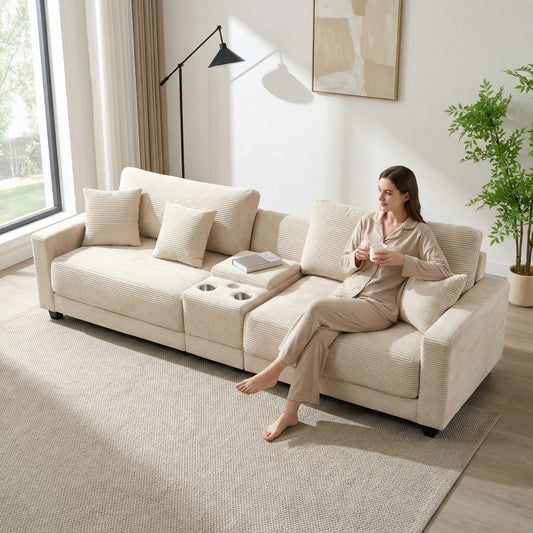 111.8" Corduroy Modular Sectional Sofa with Storage & USB Ports
