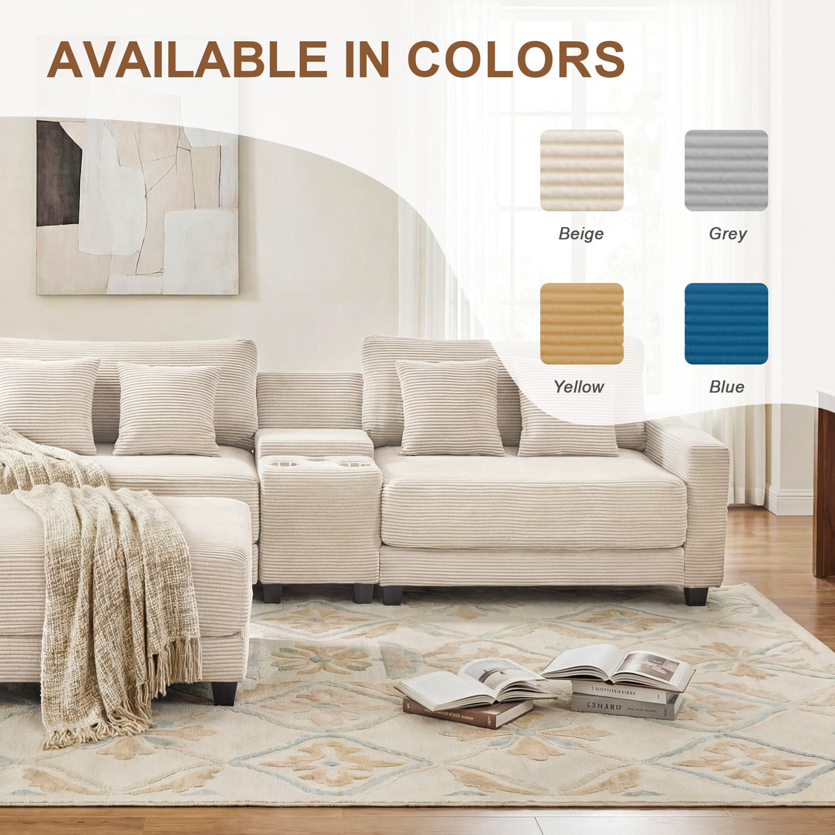 111.8" Corduroy Modular Sectional Sofa with Storage & USB Ports