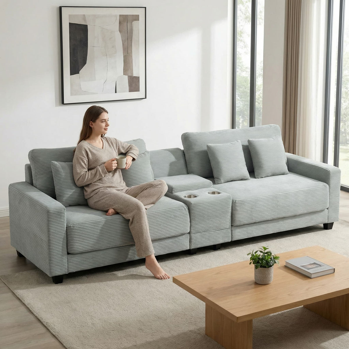 111.8" Corduroy Modular Sectional Sofa with Storage & USB Ports