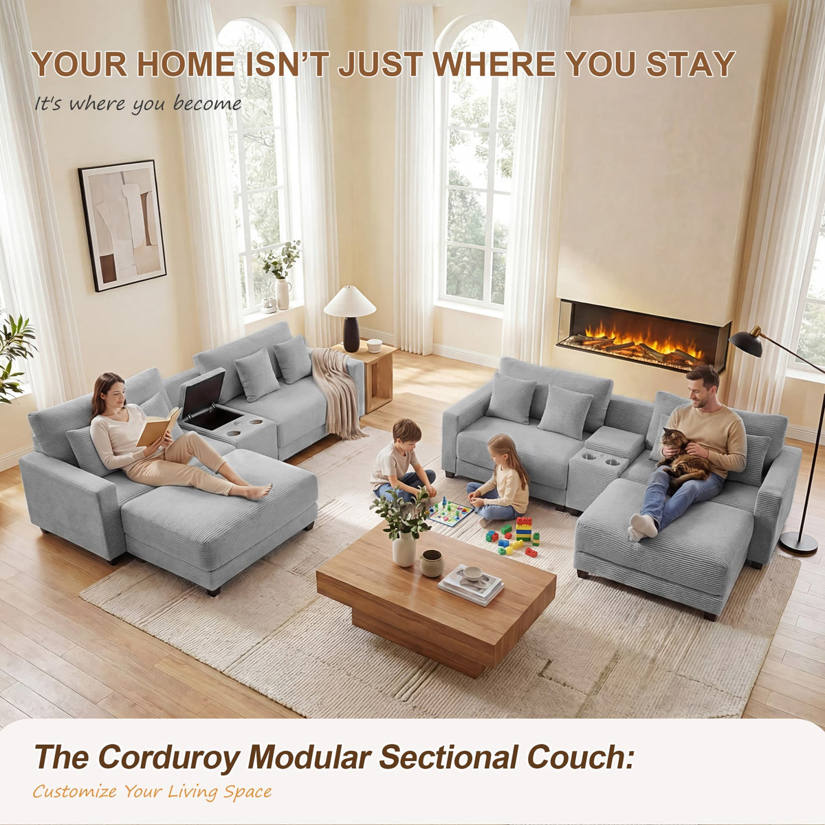 111.8" Corduroy Modular Sectional Sofa with Storage & USB Ports
