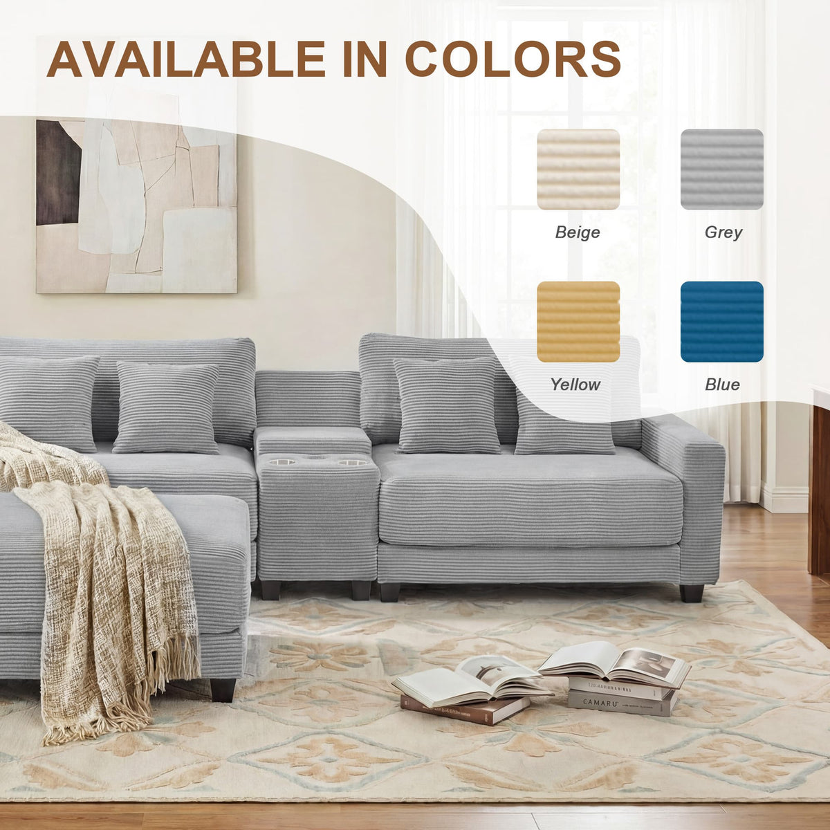 111.8" Corduroy Modular Sectional Sofa with Storage & USB Ports