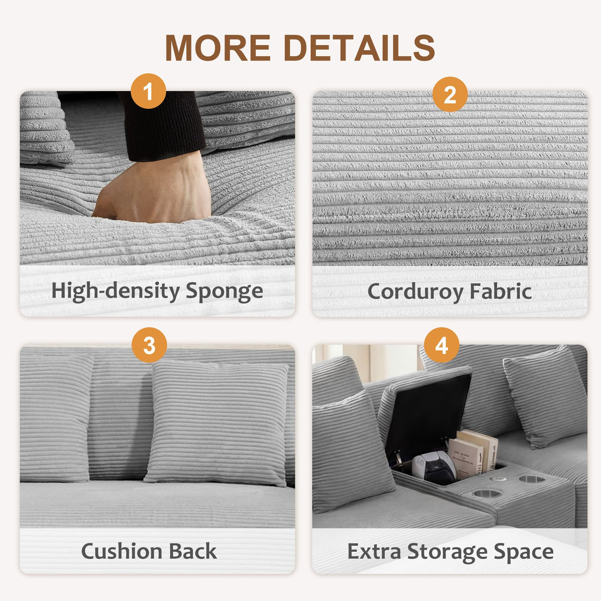 111.8" Corduroy Modular Sectional Sofa with Storage & USB Ports