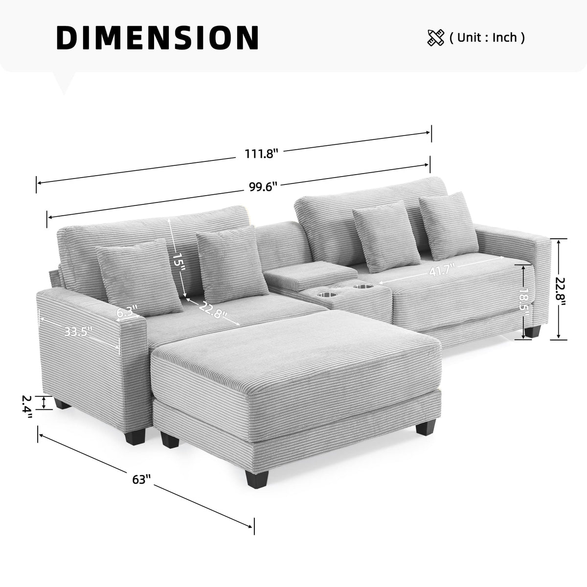 111.8" Corduroy Modular Sectional Sofa with Storage & USB Ports
