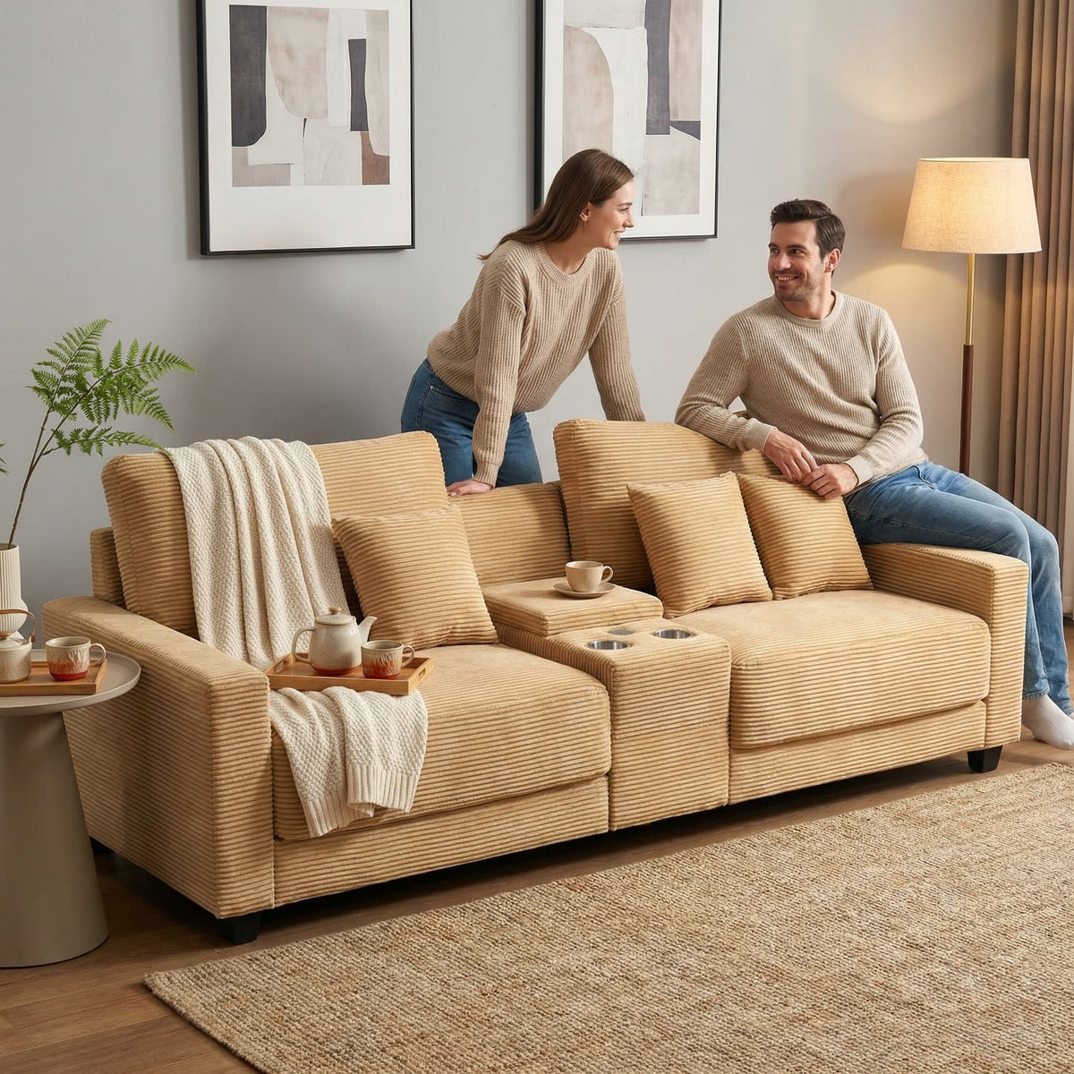 111.8" Corduroy Modular Sectional Sofa with Storage & USB Ports