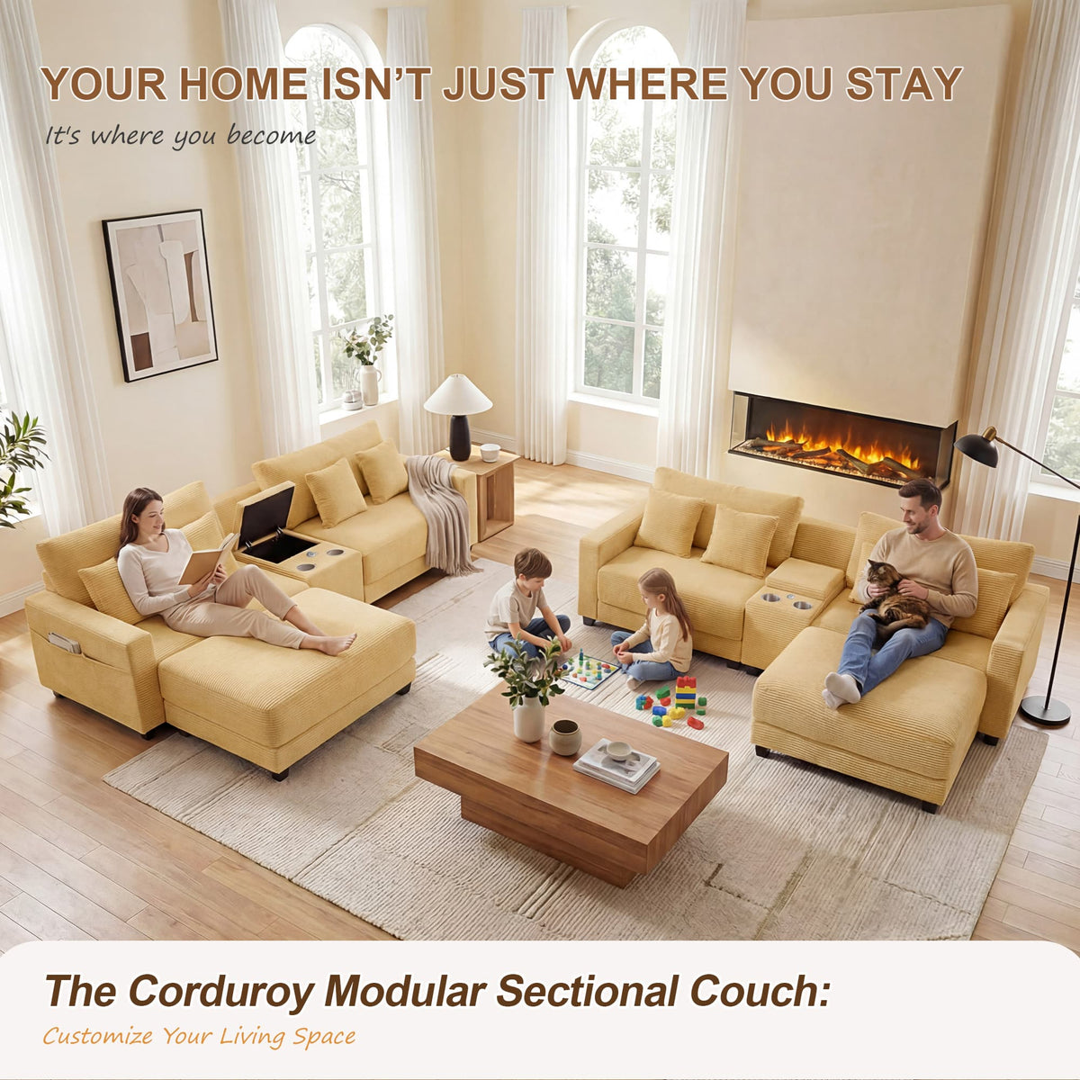 111.8" Corduroy Modular Sectional Sofa with Storage & USB Ports