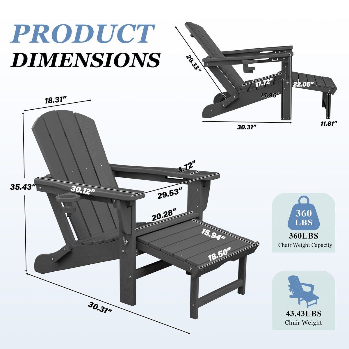 Adjustable Folding Adirondack Chairs Set of 2 with Retractable Footrests