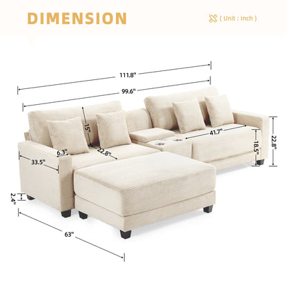111.8" Corduroy Modular Sectional Sofa with Storage & USB Ports