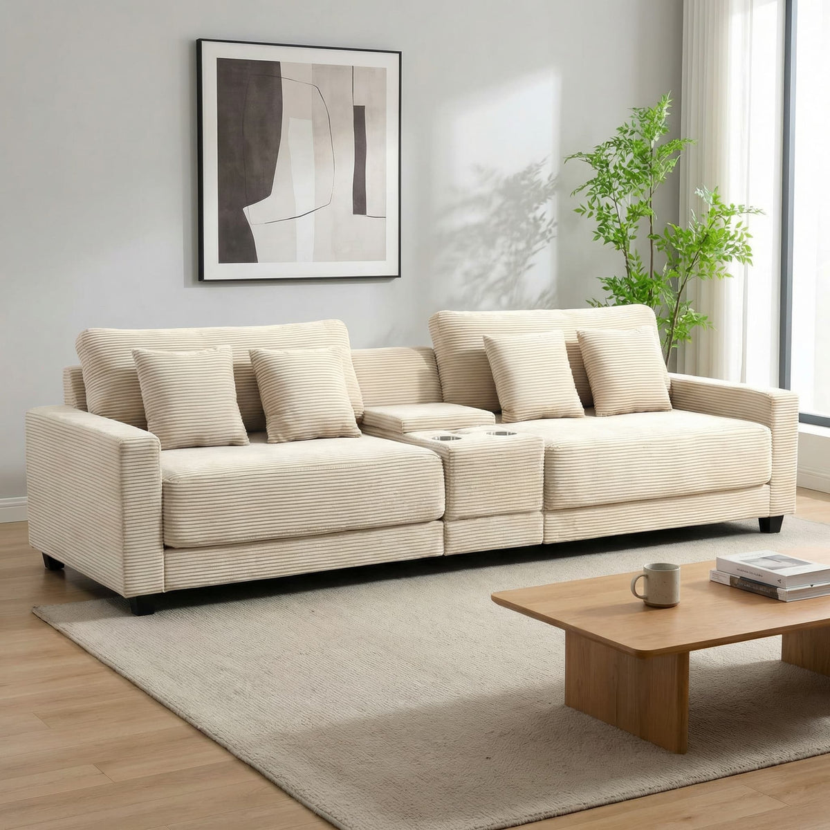 111.8" Corduroy Modular Sectional Sofa with Storage & USB Ports