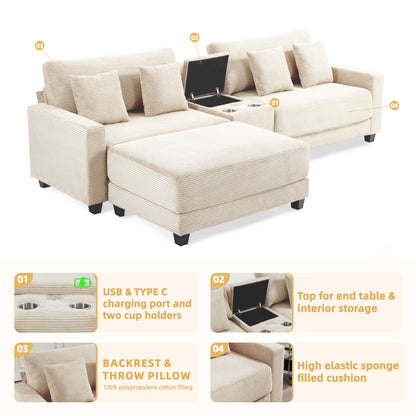 111.8" Corduroy Modular Sectional Sofa with Storage & USB Ports