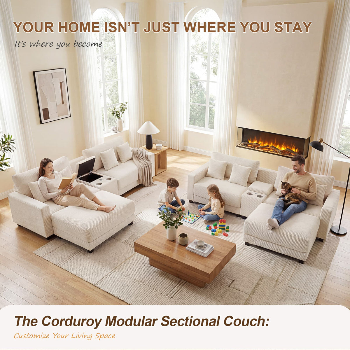 111.8" Corduroy Modular Sectional Sofa with Storage & USB Ports