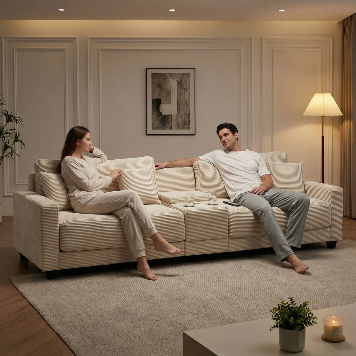 111.8" Corduroy Modular Sectional Sofa with Storage & USB Ports
