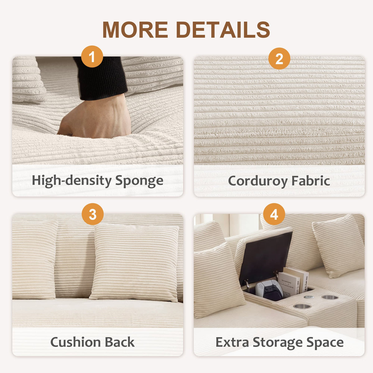 111.8" Corduroy Modular Sectional Sofa with Storage & USB Ports