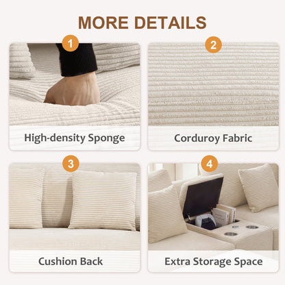 111.8" Corduroy Modular Sectional Sofa with Storage & USB Ports