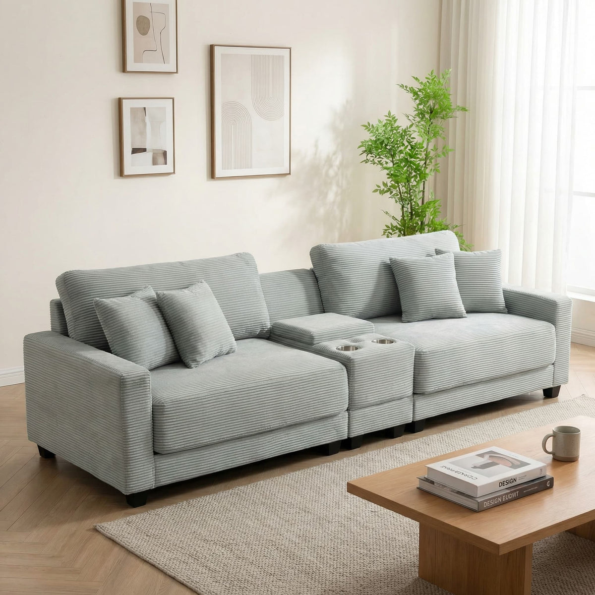 111.8" Corduroy Modular Sectional Sofa with Storage & USB Ports