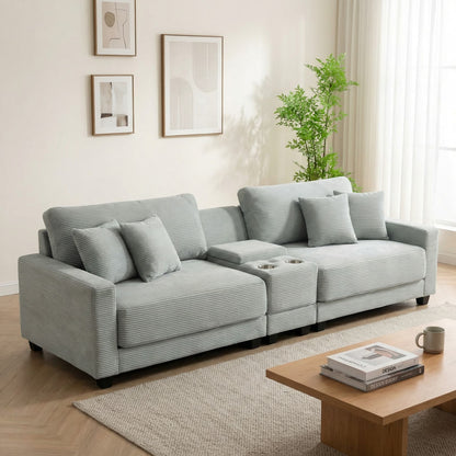 111.8" Corduroy Modular Sectional Sofa with Storage & USB Ports