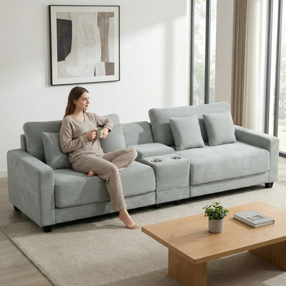 111.8" Corduroy Modular Sectional Sofa with Storage & USB Ports