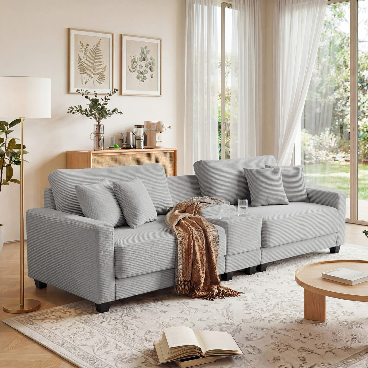 111.8" Corduroy Modular Sectional Sofa with Storage & USB Ports