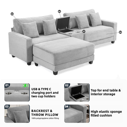 111.8" Corduroy Modular Sectional Sofa with Storage & USB Ports