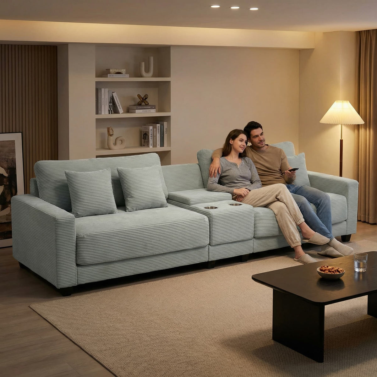 111.8" Corduroy Modular Sectional Sofa with Storage & USB Ports