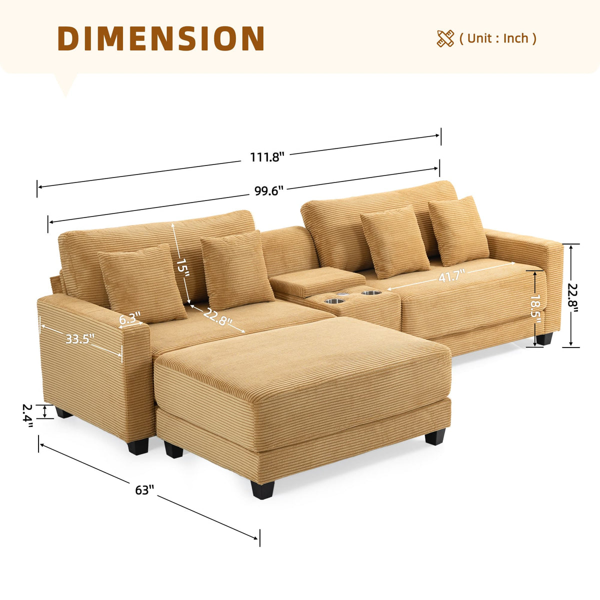 111.8" Corduroy Modular Sectional Sofa with Storage & USB Ports
