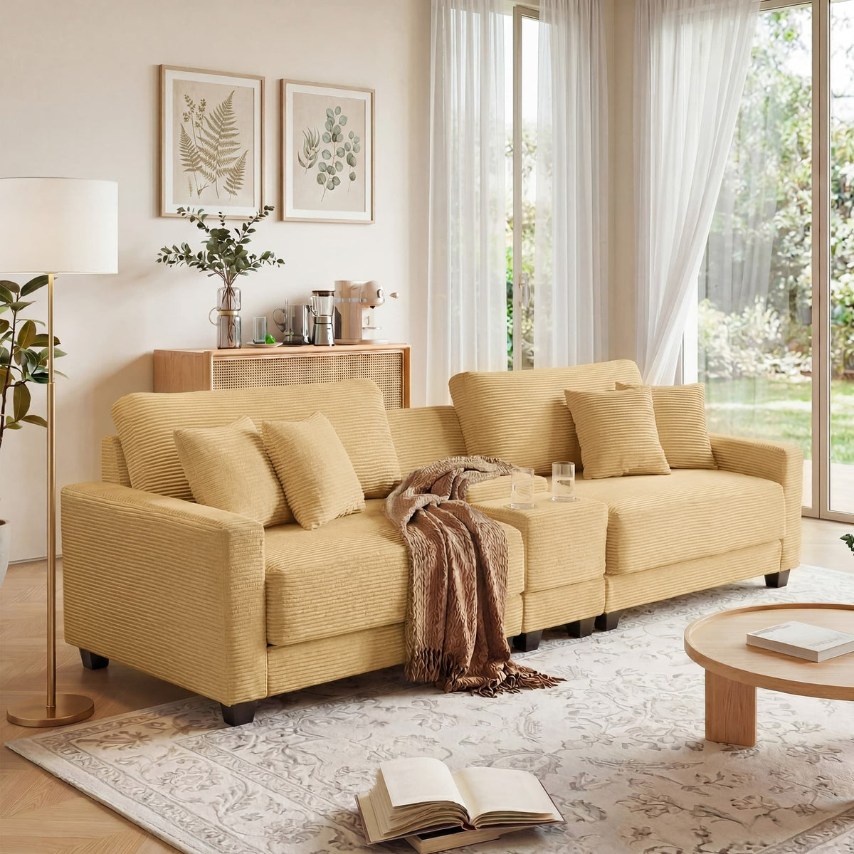 111.8" Corduroy Modular Sectional Sofa with Storage & USB Ports