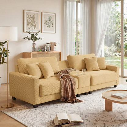 111.8" Corduroy Modular Sectional Sofa with Storage & USB Ports