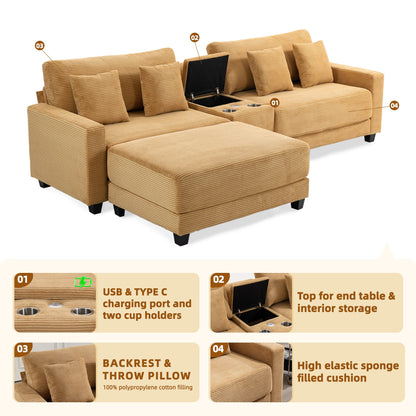 111.8" Corduroy Modular Sectional Sofa with Storage & USB Ports