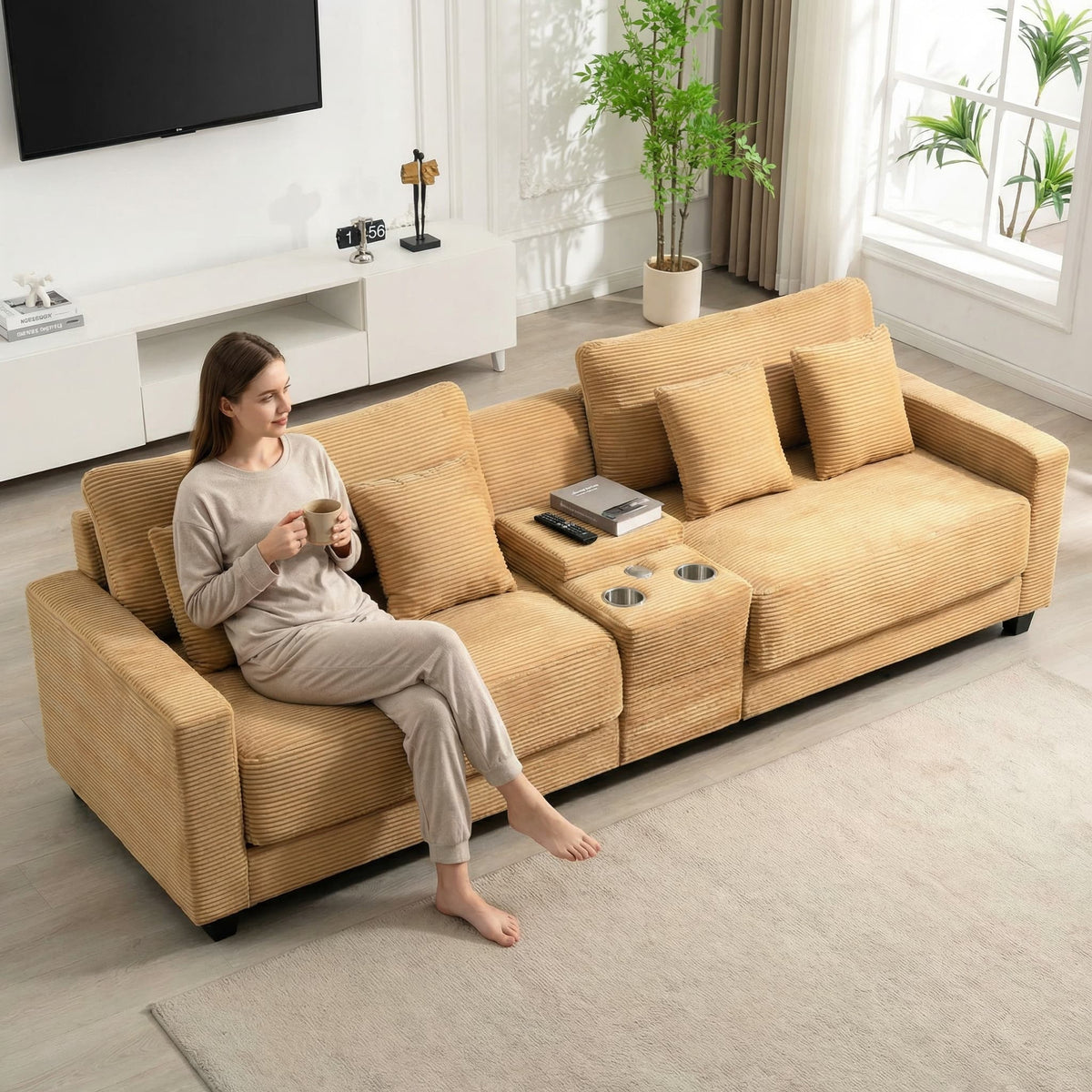 111.8" Corduroy Modular Sectional Sofa with Storage & USB Ports
