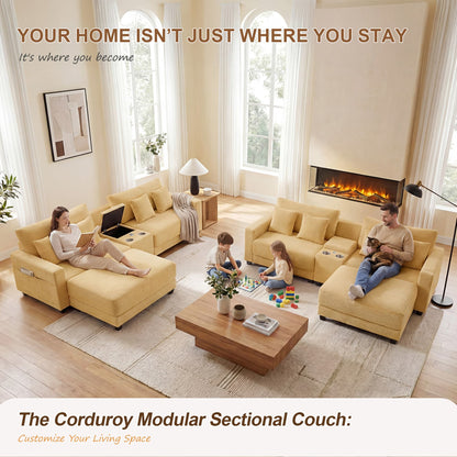 111.8" Corduroy Modular Sectional Sofa with Storage & USB Ports