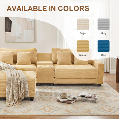111.8" Corduroy Modular Sectional Sofa with Storage & USB Ports