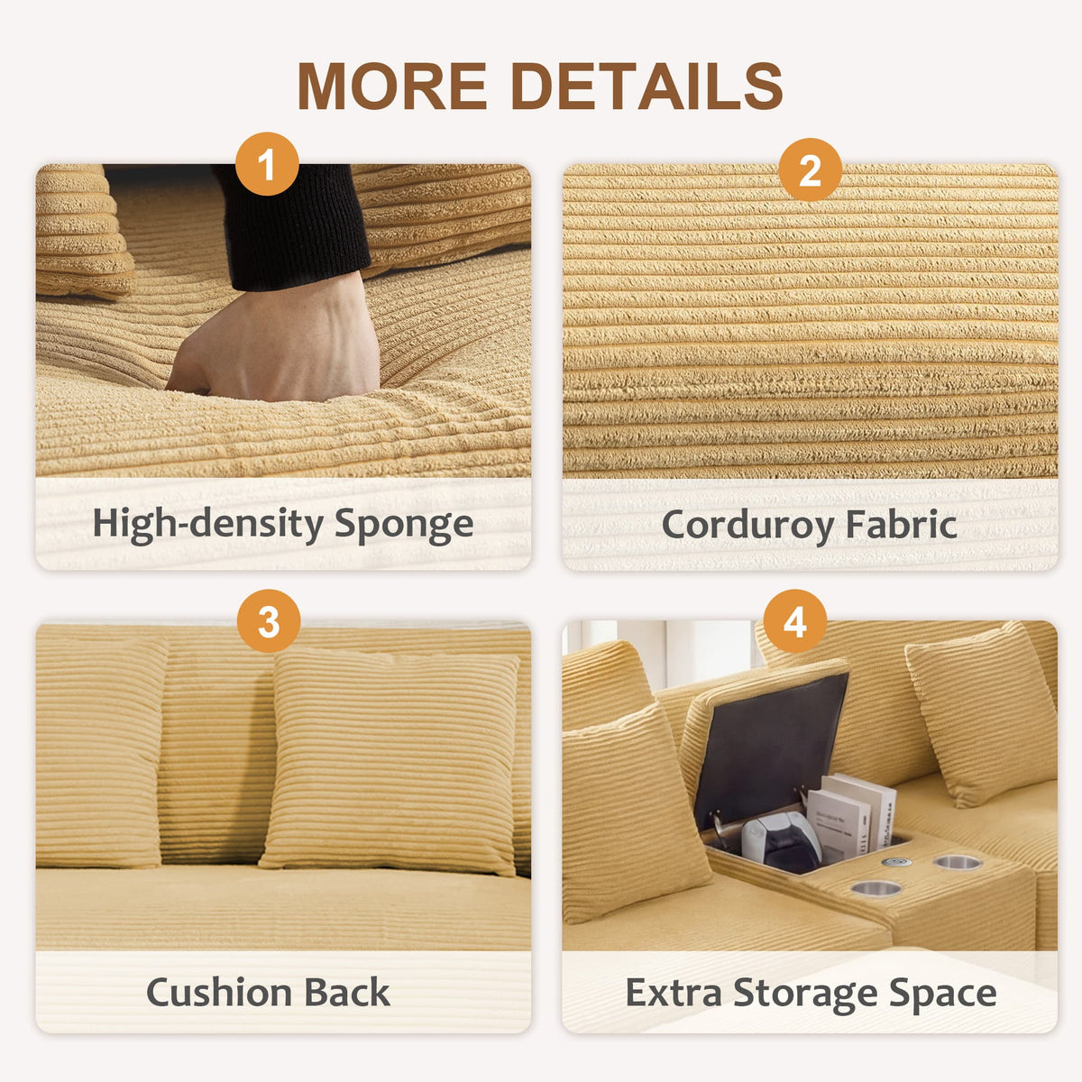 111.8" Corduroy Modular Sectional Sofa with Storage & USB Ports
