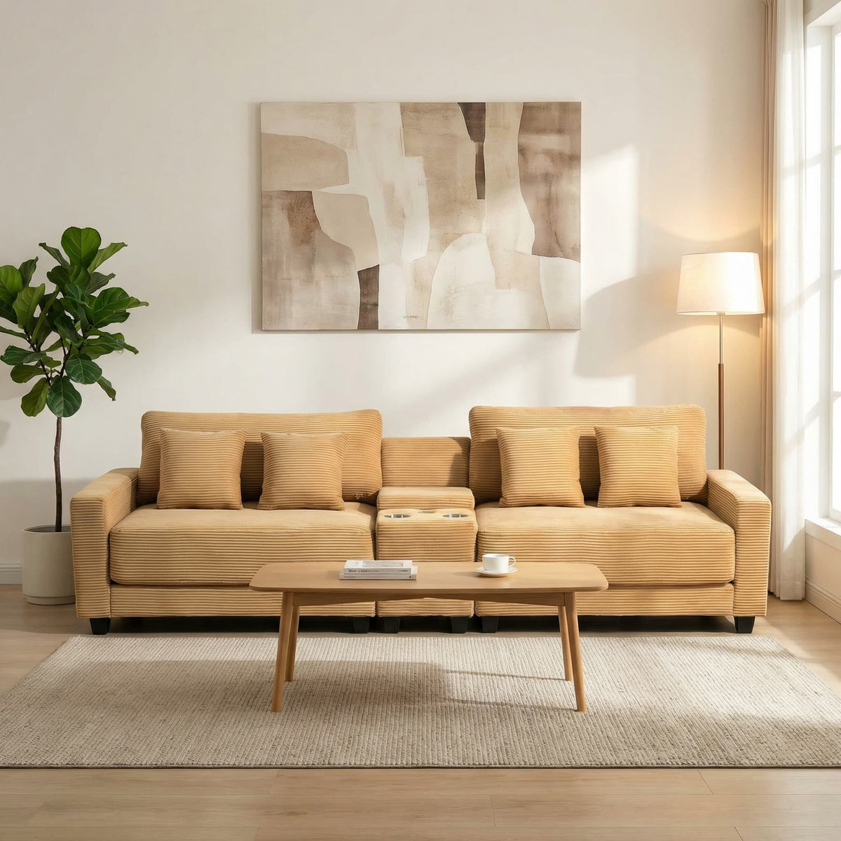 111.8" Corduroy Modular Sectional Sofa with Storage & USB Ports