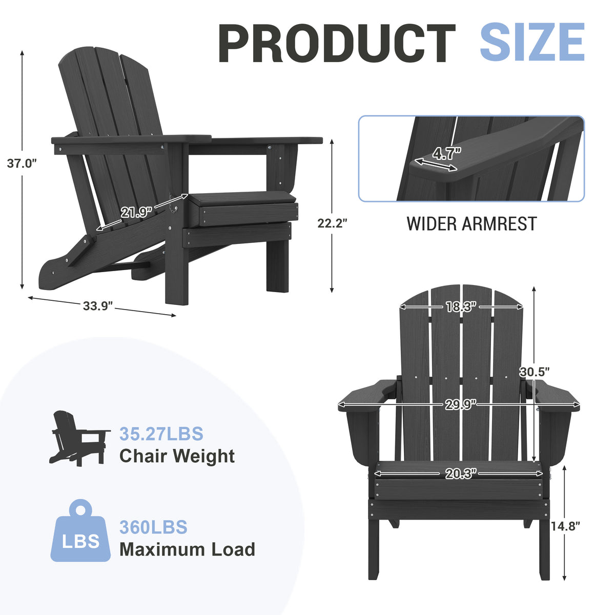 Oversized Folding Adirondack Chairs Set of 2 with Wide Armrests, Black
