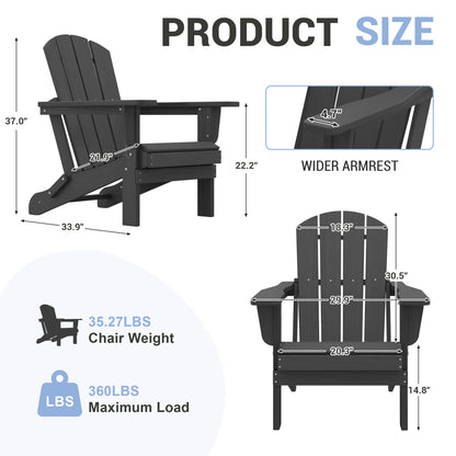 Oversized Folding Adirondack Chairs Set of 2 with Wide Armrests, Black