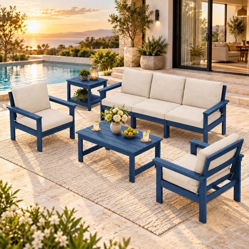 LIKEPAY 3-Seat Sofa + Coffee Table+2 Armchairs + Side Table - Navy/Khaki