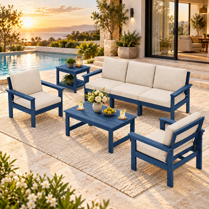 LIKEPAY 3-Seat Sofa + Coffee Table+2 Armchairs + Side Table - Navy/Khaki