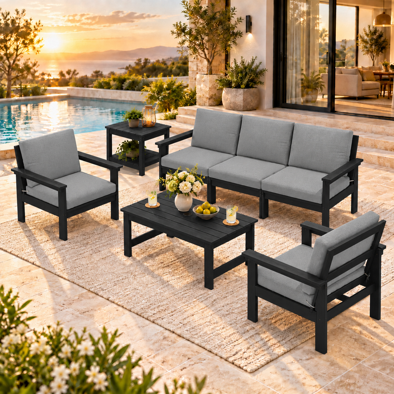 LIKEPAY 3-Seat Sofa + Coffee Table+2 Armchairs + Side Table - Black/Gray