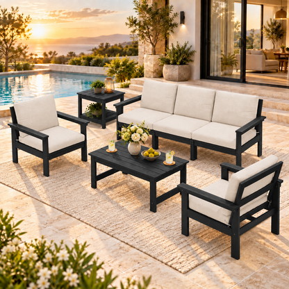 LIKEPAY 3-Seat Sofa + Coffee Table+2 Armchairs + Side Table - Black/Khaki