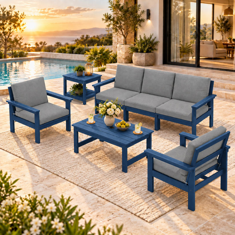 LIKEPAY 3-Seat Sofa + Coffee Table+2 Armchairs + Side Table - Navy/Gray