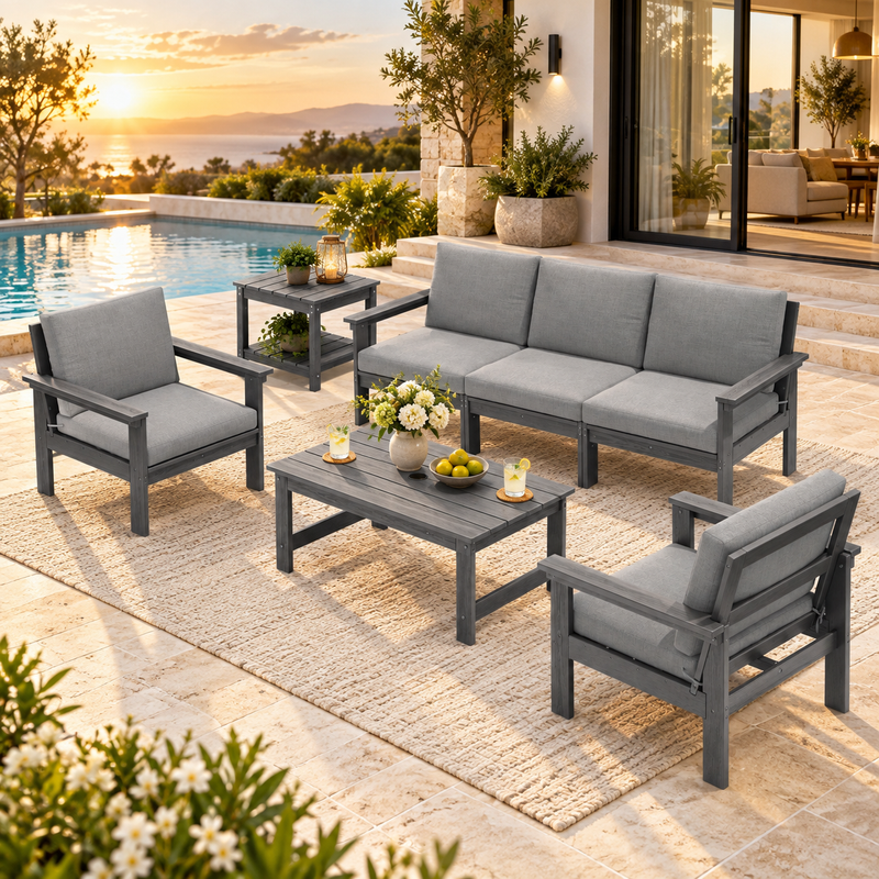 LIKEPAY 3-Seat Sofa + Coffee Table+2 Armchairs + Side Table - Gray/Gray